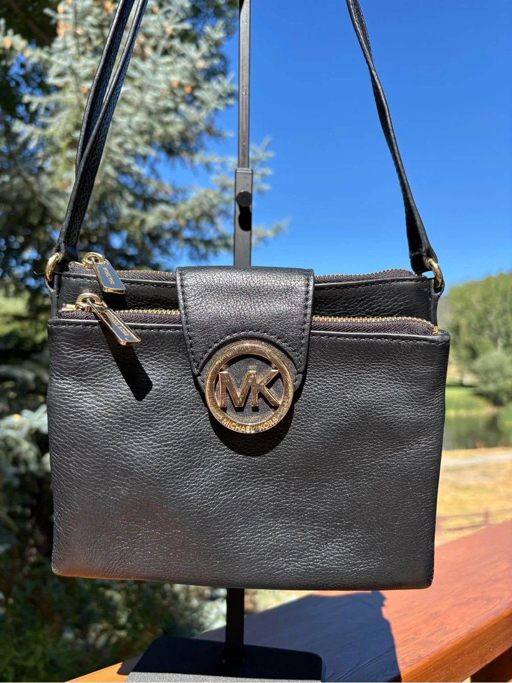 Michael Kors Black Leather Crossbody with Gold MK Emblem